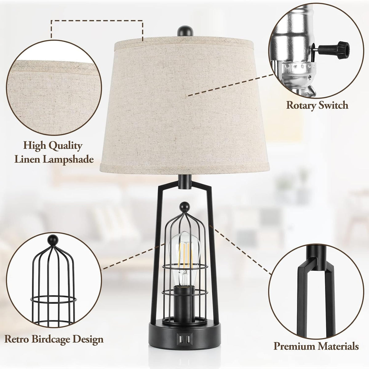 Farmhouse Table Lamps with 2 USB Ports, Set of 2 Rustic Industrial Desk Lamp for Living Room, 2-Light Black Bedside Lamp, Bedroom Nightstand Lamp with Beige Lampshade for House Decor, Reading