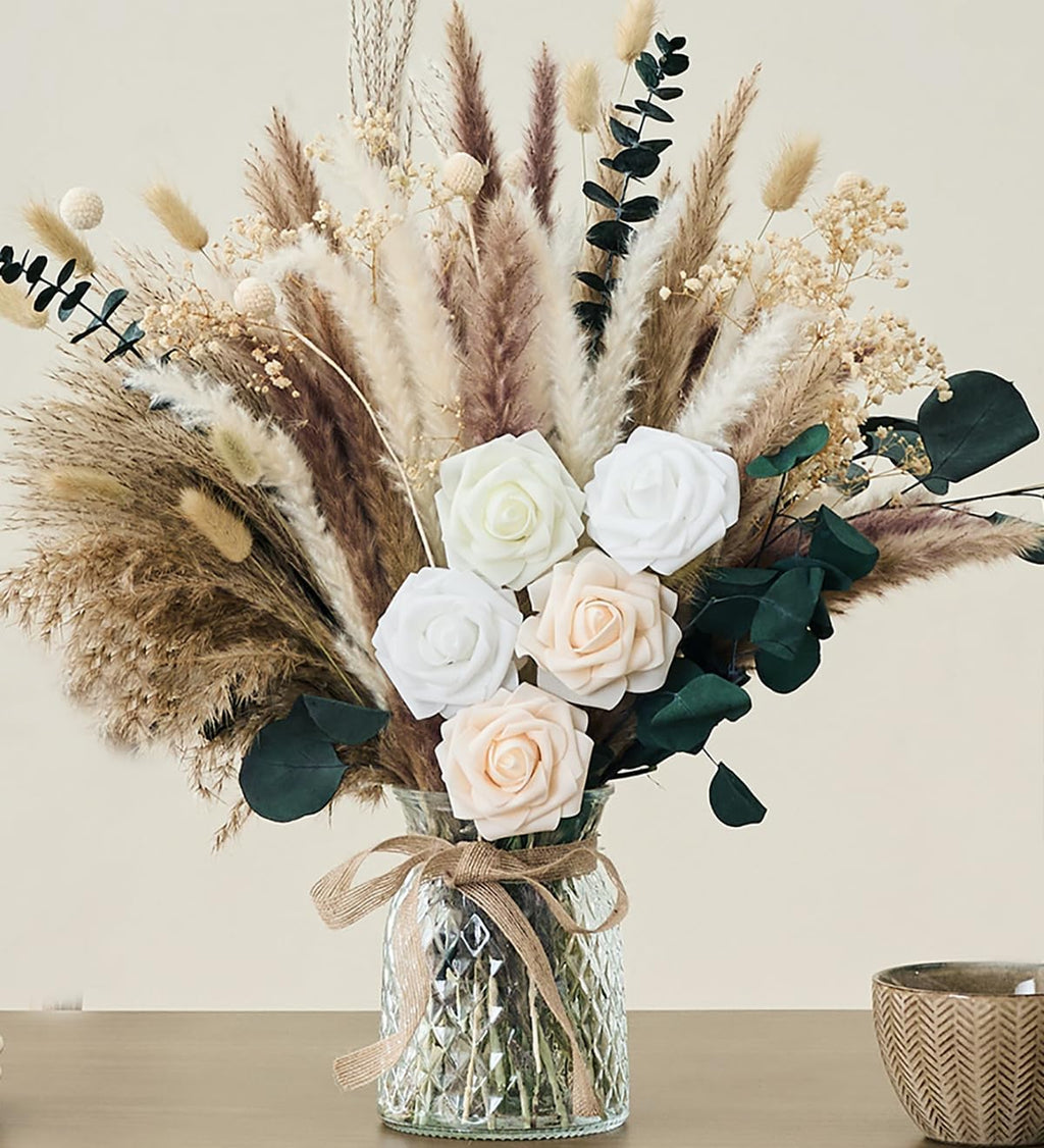Wracra 100pcs Artificial Flowers in Vase; Dried Pampas Grass Floral