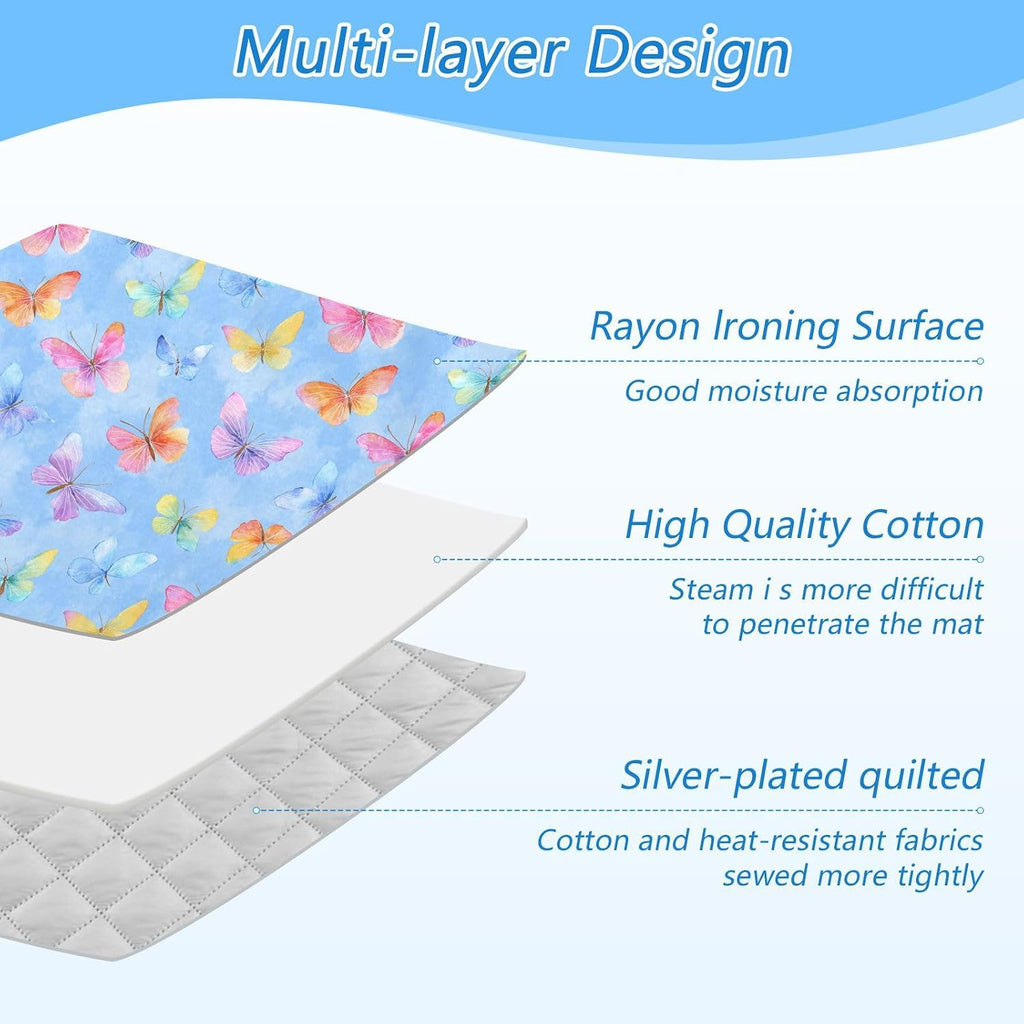 Ironing Mat Portable Ironing Pad Blanket with Silicone Iron Rest for Table Top Travel Heat Resistant Double-Side Using Large 47x28 Inch Foldable Colorful Watercolor Butterflies