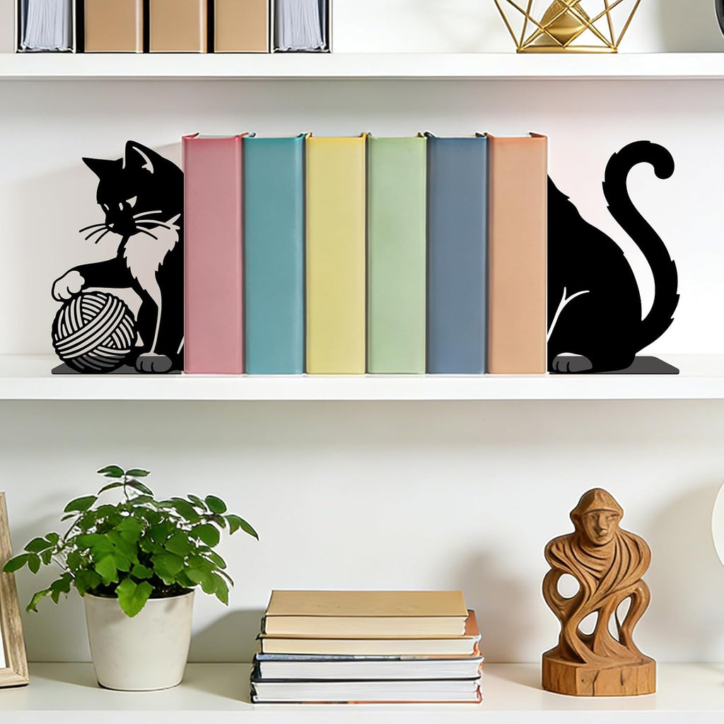2pcs Cute Cat Metal Bookends Heavy Duty Adjustable Book Stopper for Shelves and Desk Decorative Cute Black Bookends for Heavy Books Cookbooks Vinyl Records with Non-Slip Pads