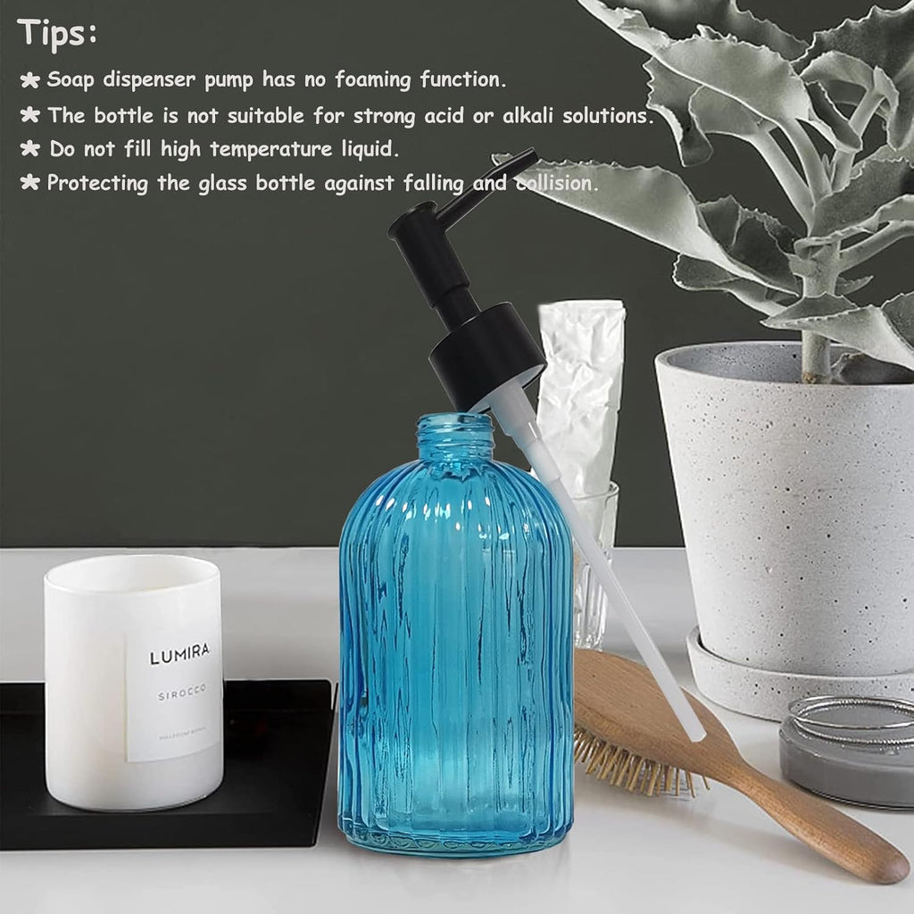 YYTSGG Blue Glass Soap Dispenser Set with Black Pump, 13.5oz