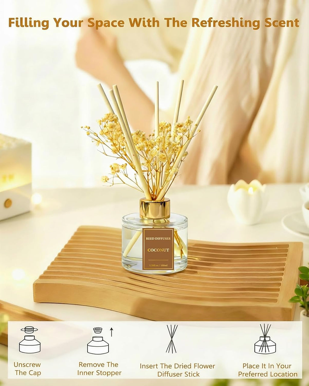 Reed Diffuser Set-Coconut Scent 3.38 fl oz,Scent Long