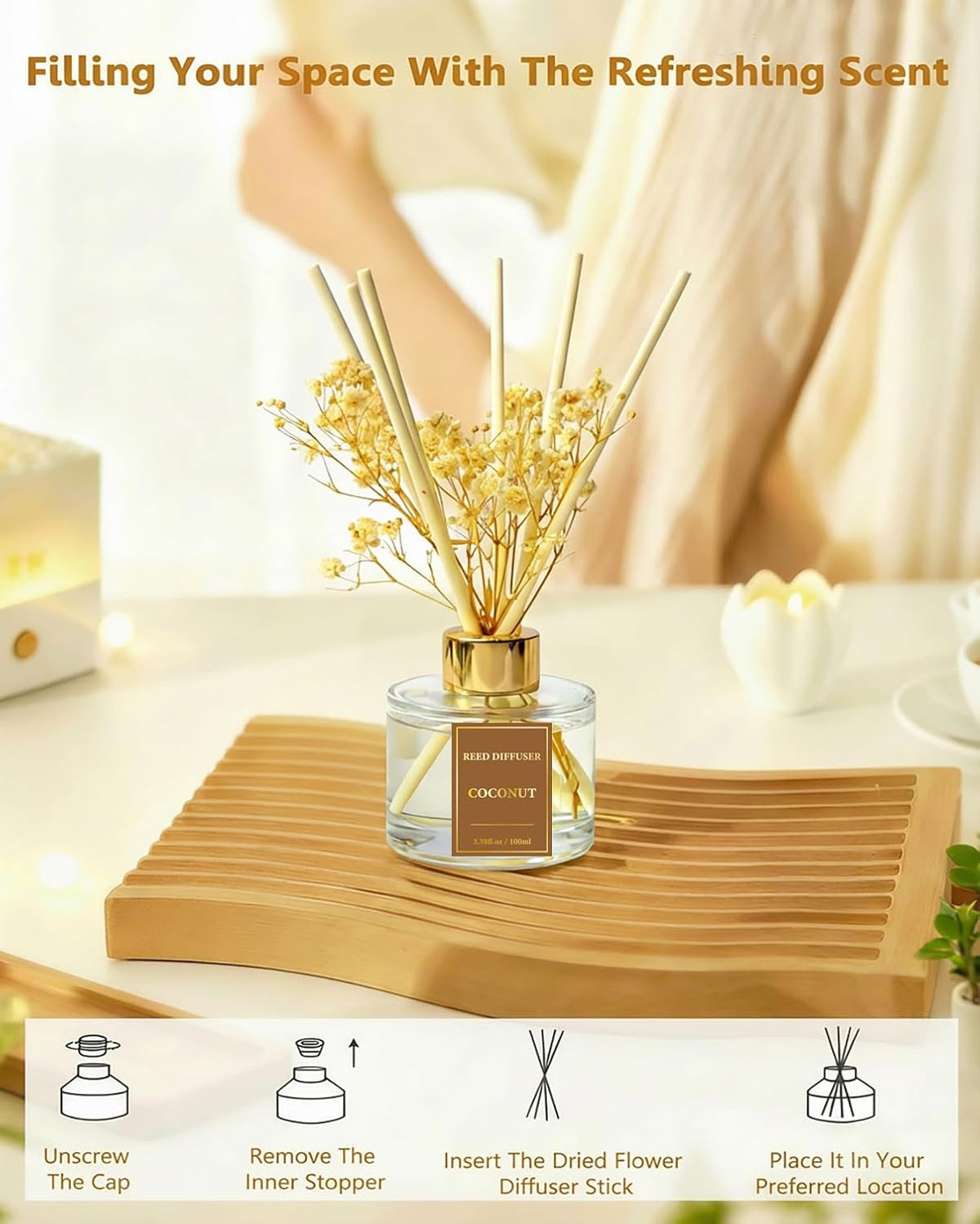 Reed Diffuser Set-Coconut Scent 3.38 fl oz,Scent Long