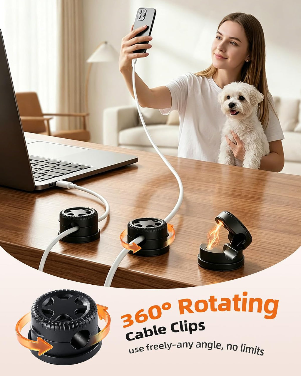 AGPTEK Magnetic Cable Clips Black, 360° Rotating Cord Holder for Nightstand