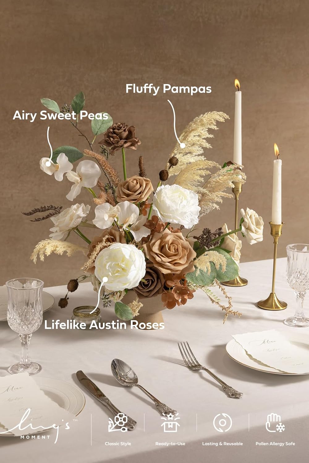 Ling's moment Artificial Wedding Flowers Deluxe Combo, Brown & Tawny Beige