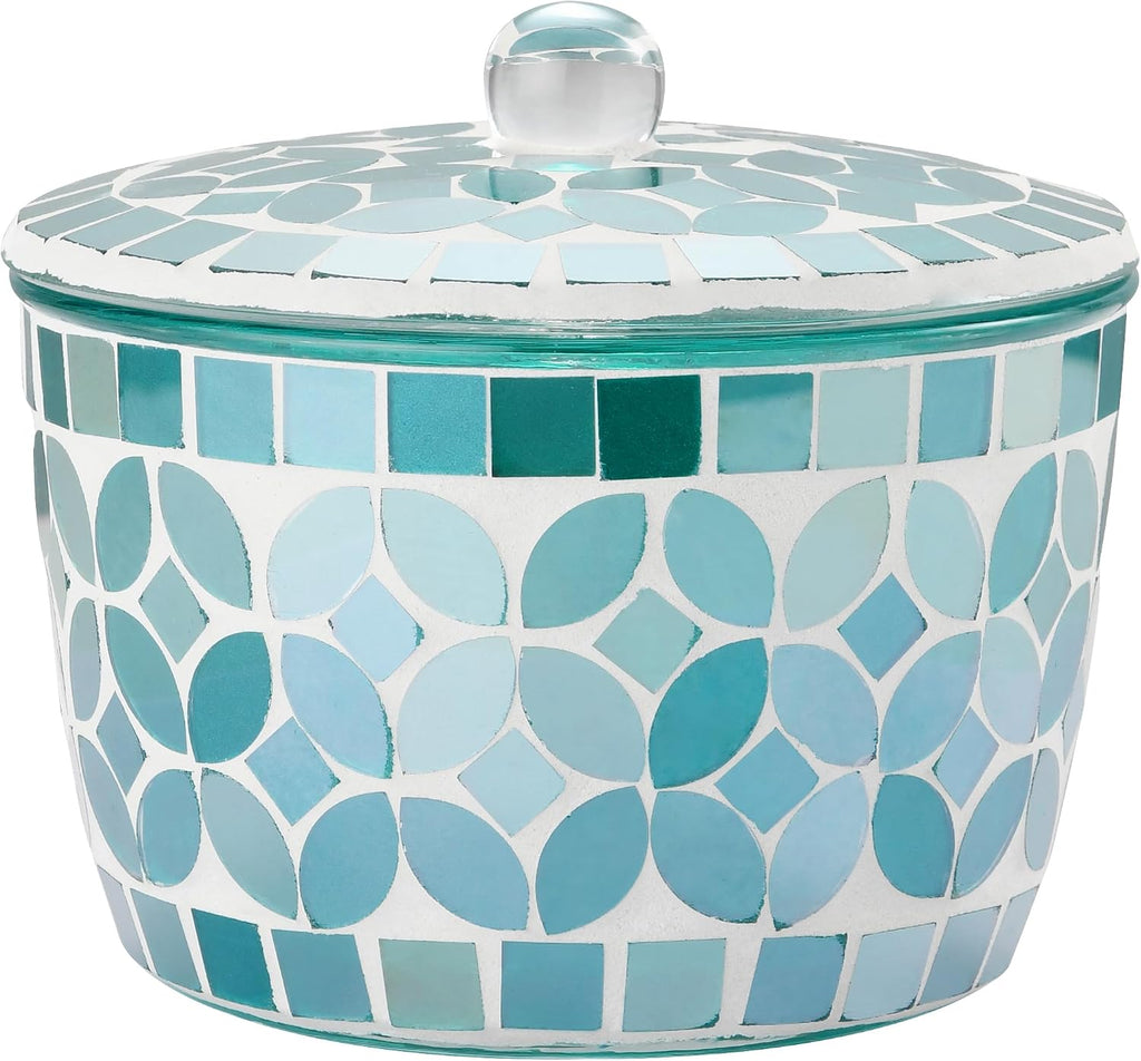 Bathroom Qtip Holder, Green Countertop Storage Organizer Canister Jar Qtip Dispenser Holder Mosaic Glass with Lid- for Cotton Swabs,Bath Salts, Hair Band, Cotton Balls and Candy