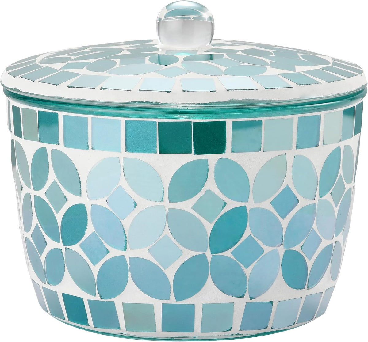 Bathroom Qtip Holder, Green Countertop Storage Organizer Canister Jar Qtip Dispenser Holder Mosaic Glass with Lid- for Cotton Swabs,Bath Salts, Hair Band, Cotton Balls and Candy