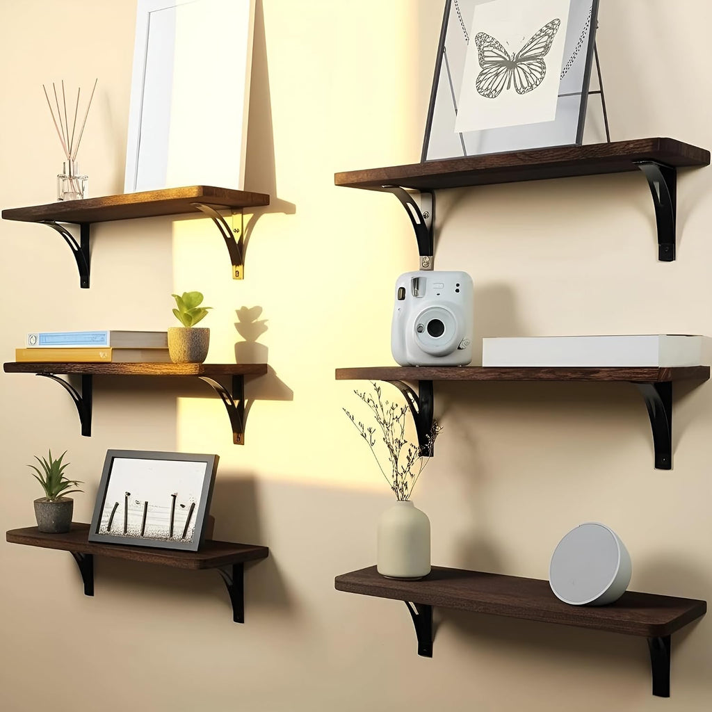 Willowy Reinforced Steel Bracket Rustic Brown Shelf - Easy to Install, Template and Video Included - Rustic Shelves for Wall, Bathroom Storage Shelves