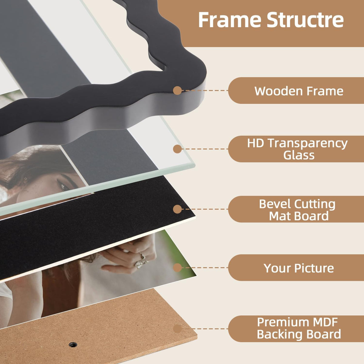 SNAPSHOT 11x14 Picture Frame with Mat for 5x7/8x10, Wooden Photo Frames with Real Glass for Wall Mount and Tabletop, Wavy Edge Black, 1 Pack
