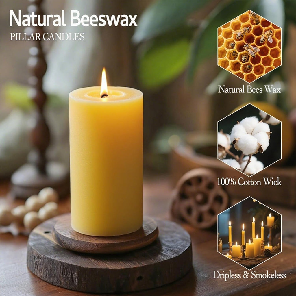 Beeswax Candles Set of 6, Non Toxic Natural Pillar Candle Bulk