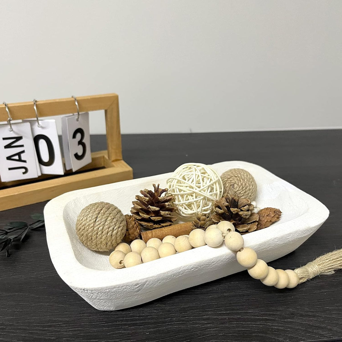 Wooden Dough Bowl Decor, Vintage Wooden Bowl Hand Carved Home Decor for Dining Table Center, Living Room, Kitchen Decor. (10in white)