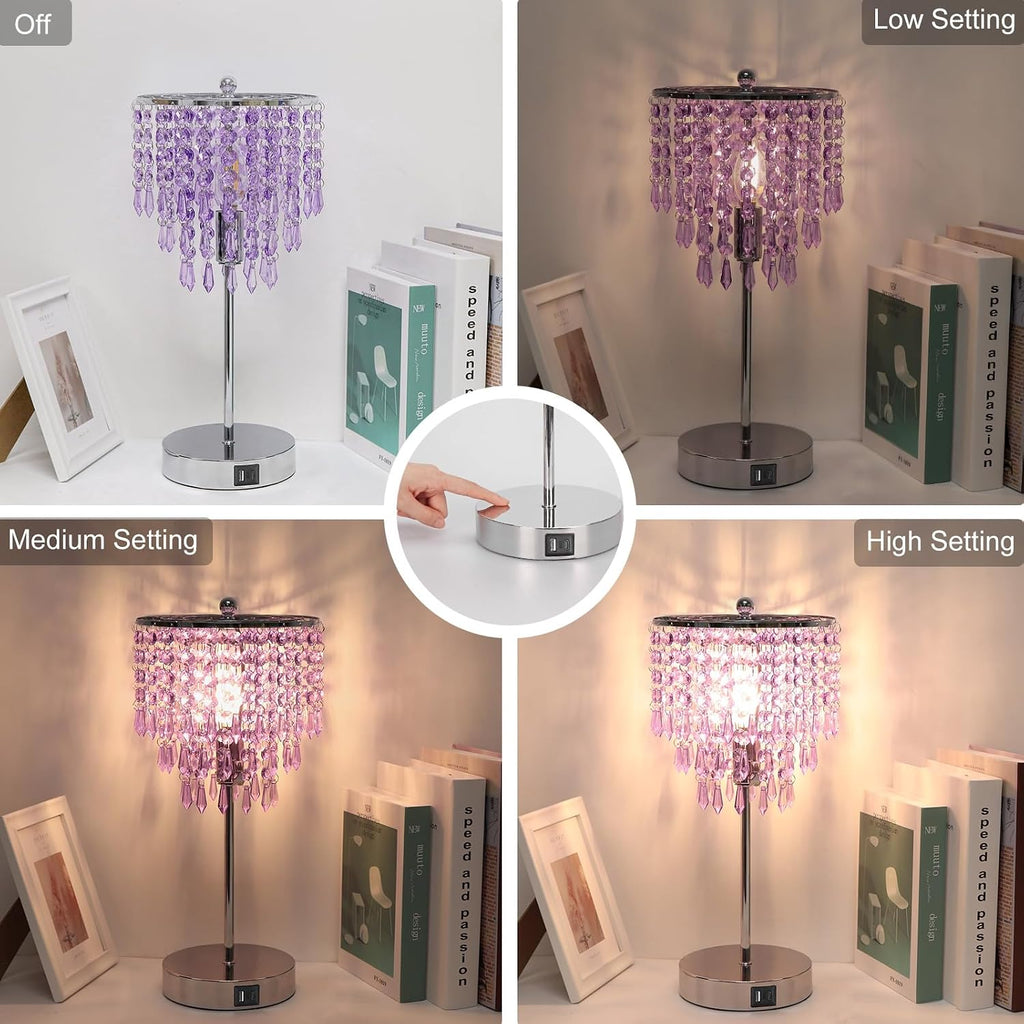 USB Bedside Crystal Lamp, 3 Way Dimmable Touch Nightstand Lamp with USB C+A Charging Ports, Lavender Table Lamps Decorative Accent Lamps Silver for Bedroom, Living Room, Office, B11 LED Bulb Included