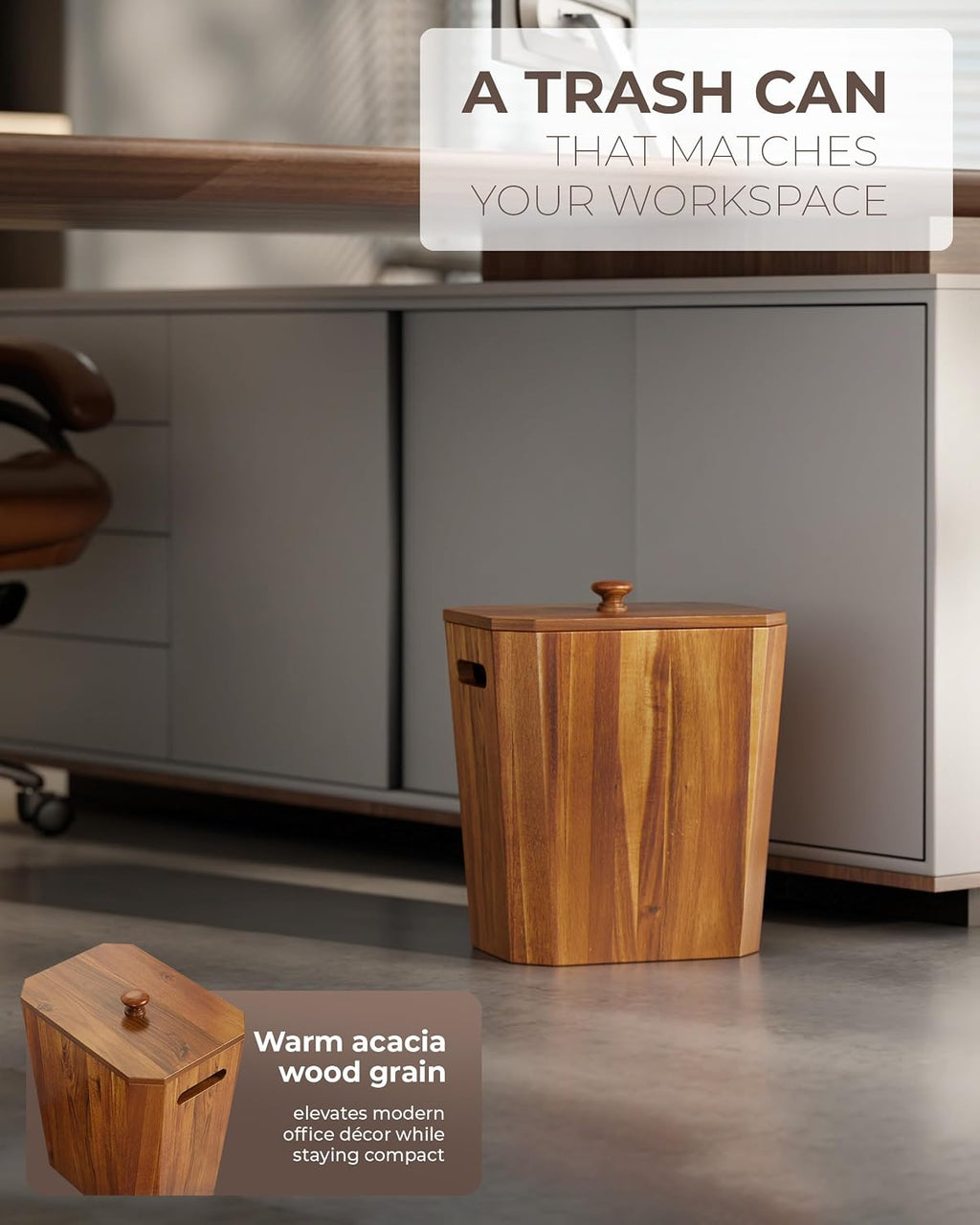 BLUEWEST Acacia Wooden Trash Can with Lid for Bathroom, Bedroom and Office