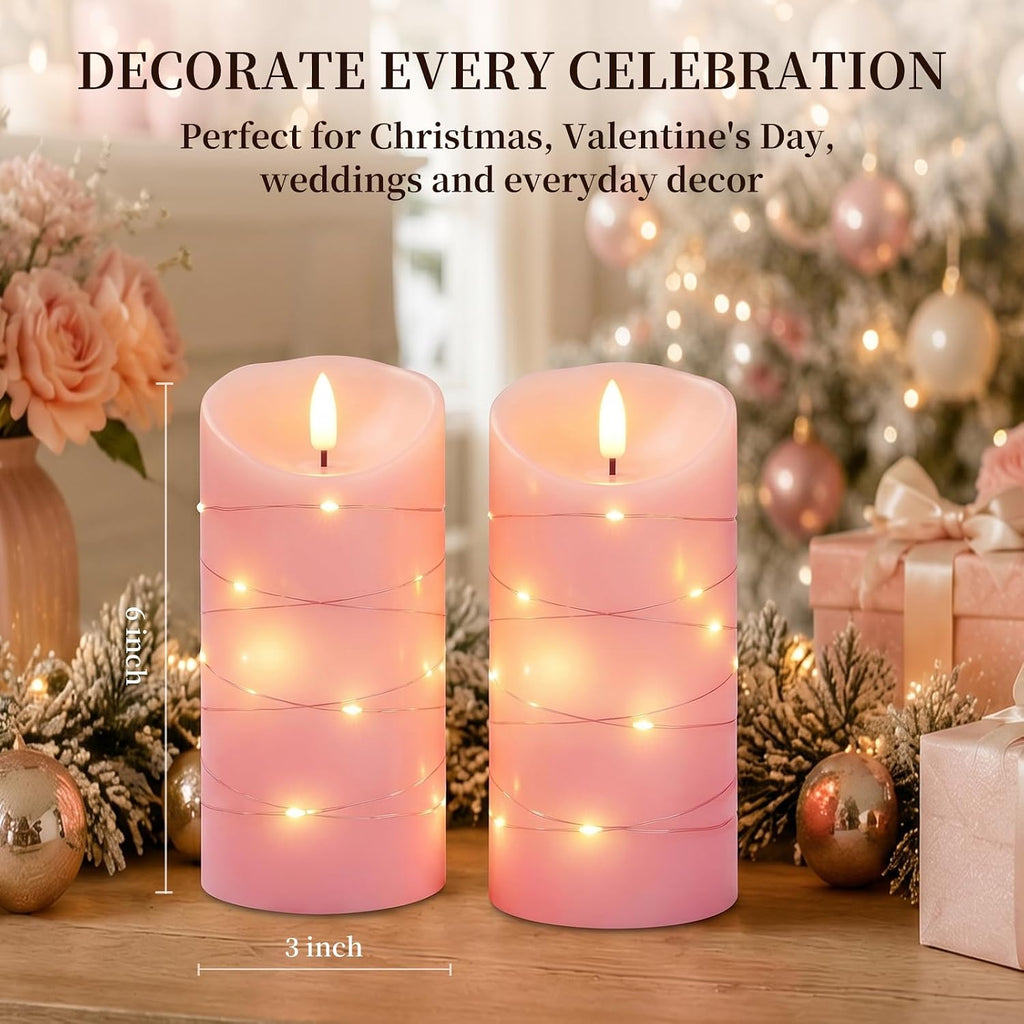 Homemory Flameless Candles with String Lights, 2 Pack Embedded Fairy String Lights LED Candles, Electric Flickering Candles with Remote Control and Timer, Real Wax, Pink