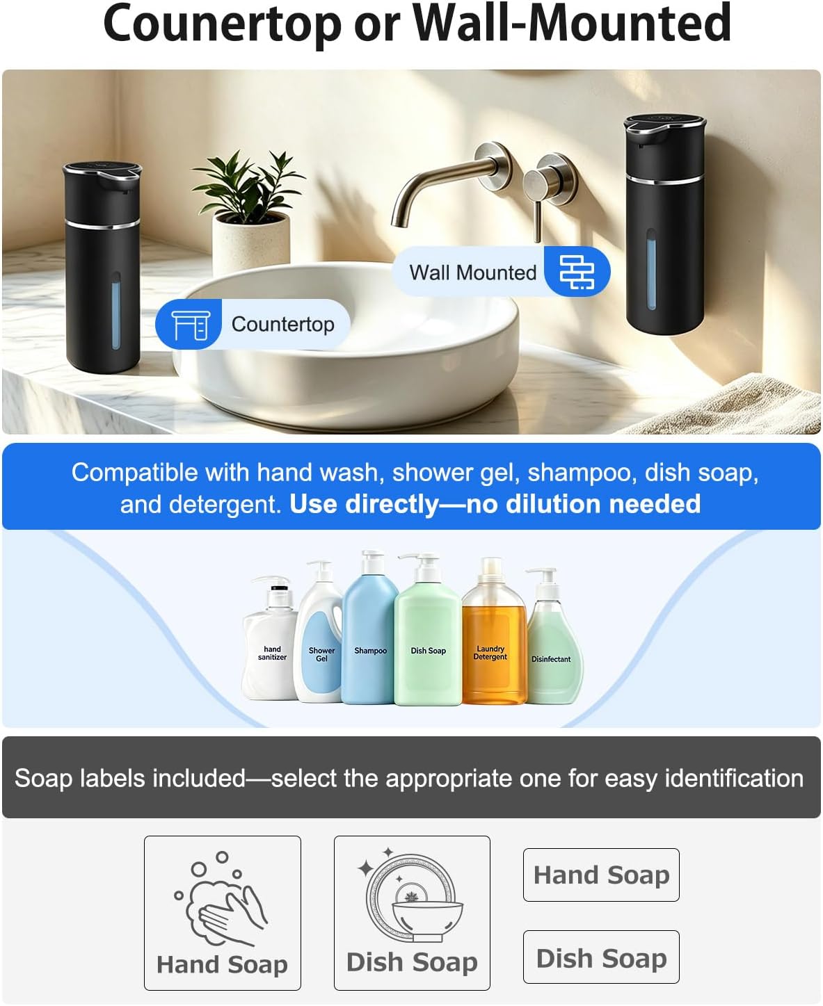 Touchless Automatic Liquid Soap Dispenser, 4-Level Adjustable, Rechargeable