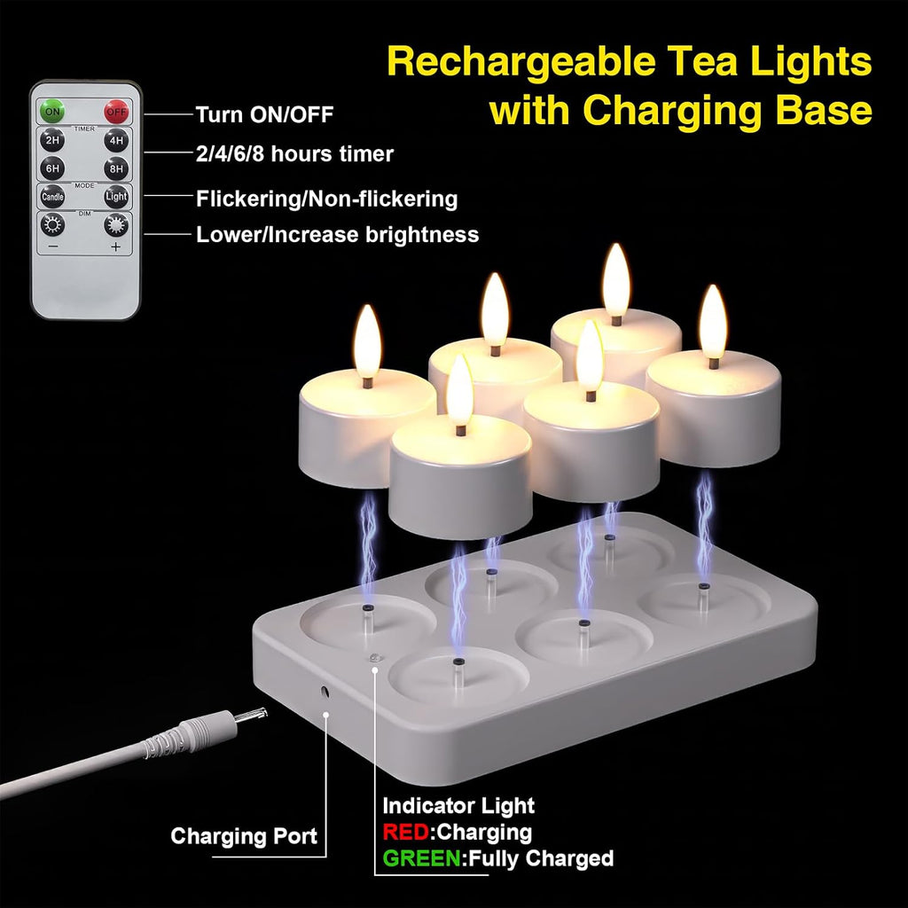Flameless Tea Lights Candles with Charging Station,LED Tea Lights Candles with Remote Control Timer for Table Decorations,Valentine's Day,Home Decor,6-Pack with Frosted Plastic Candle Covers