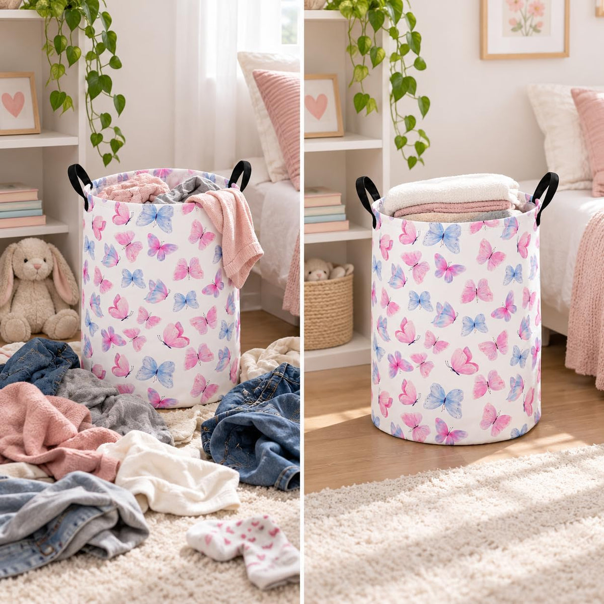 Butterfly Storage Basket for Girls and Kids, Round Collapsible Laundry Hamper with Handles, Pink Blue Butterfly Organizer Bin for Clothes, Toys Room, Nursery, Bedroom Dorm and Gifts