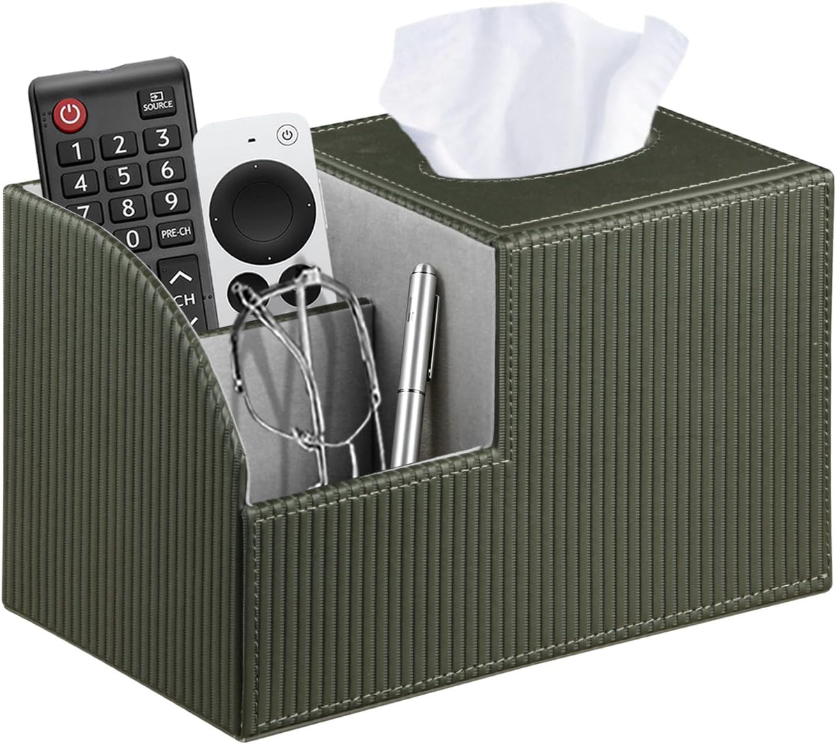PUSU Square Tissue Box Cover with Storage and TV Remote Control Holder