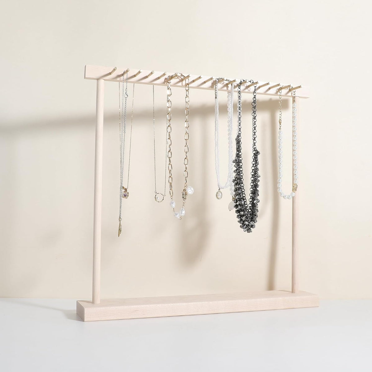 Large necklace hanger shelf with 17 copper bars, Wooden jewelry storage organizer rack for hanger necklace bracelet, necklace display stand for boutique store【Marple】