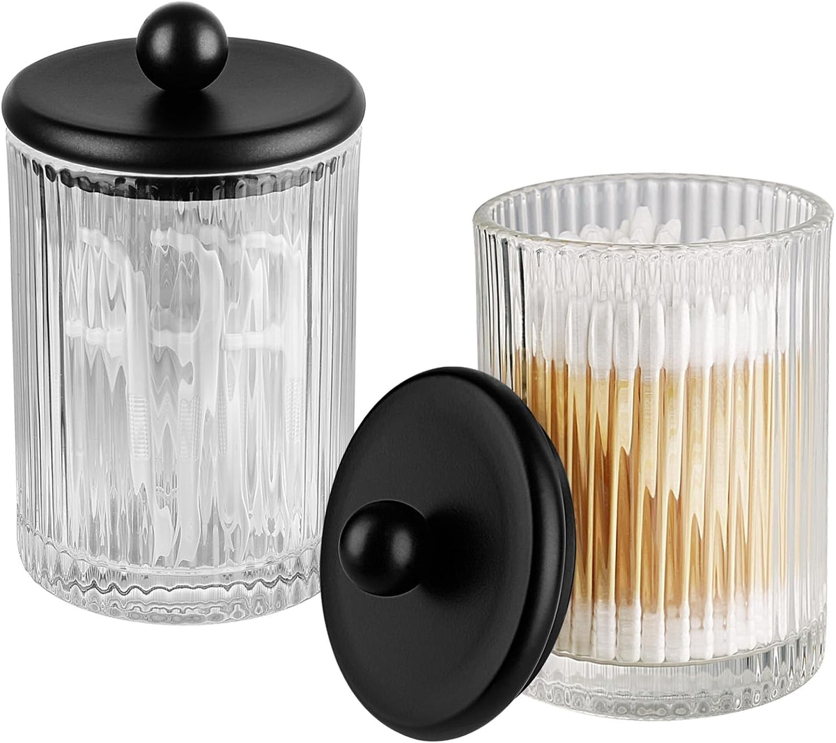 3 Pack Glass Qtip Holder Dispenser Set with Matte Black Metal Lid