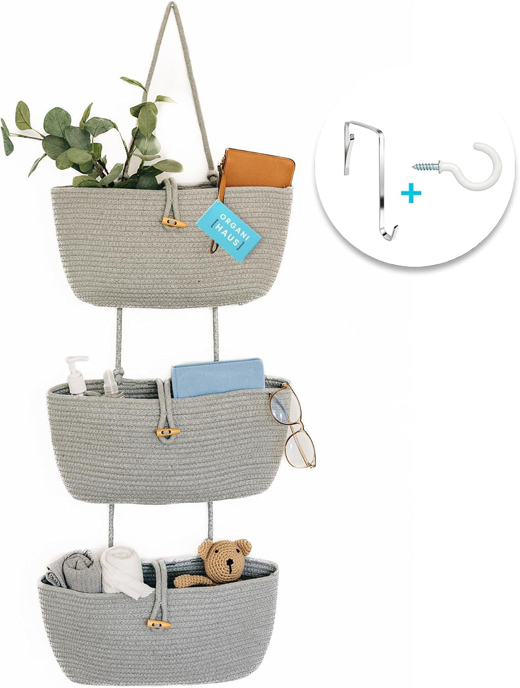 OrganiHaus Over the Door Organizer, Woven Rope Hanging Baskets, 3-Tier