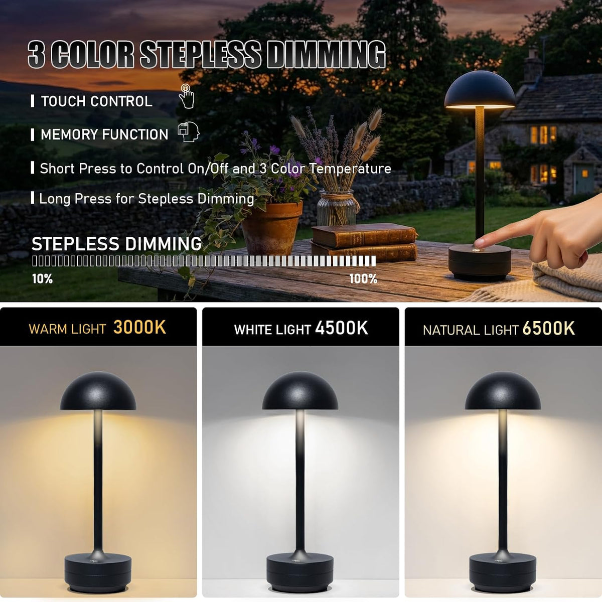 LED Cordless Table Lamp 5000mAh Rechargeable Battery Light Black