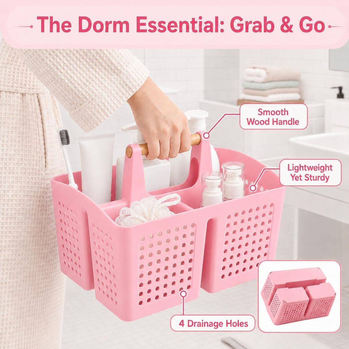 Portable Shower Caddy Basket with 3 Compartments and Handle, Caddy Pink
