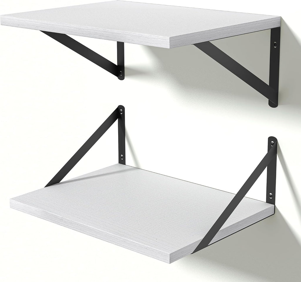 Heimlove 12 Inch Deep White Floating Shelves，Wooden Floating Shelves for Wall 16" W x 12" D Set of 2，Wall Mounted Shelves for Living Room, Bedroom, Kitchen, Bathroom and Decor Storage，Black Bracket