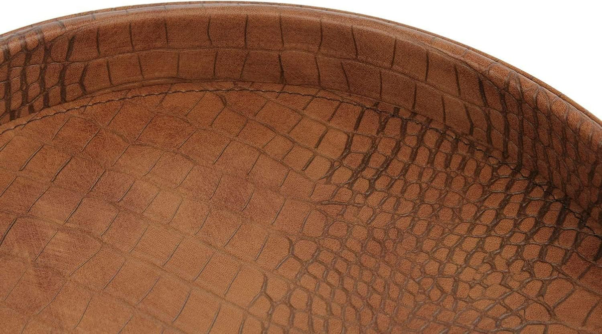 HofferRuffer Faux Leather Round Serving Tray, Vegan Croco Leather Decorative Food Tray for Storage Drinks, Snack & Cosmetics, Dia.12'' x 1.6'' (Antique Brown)