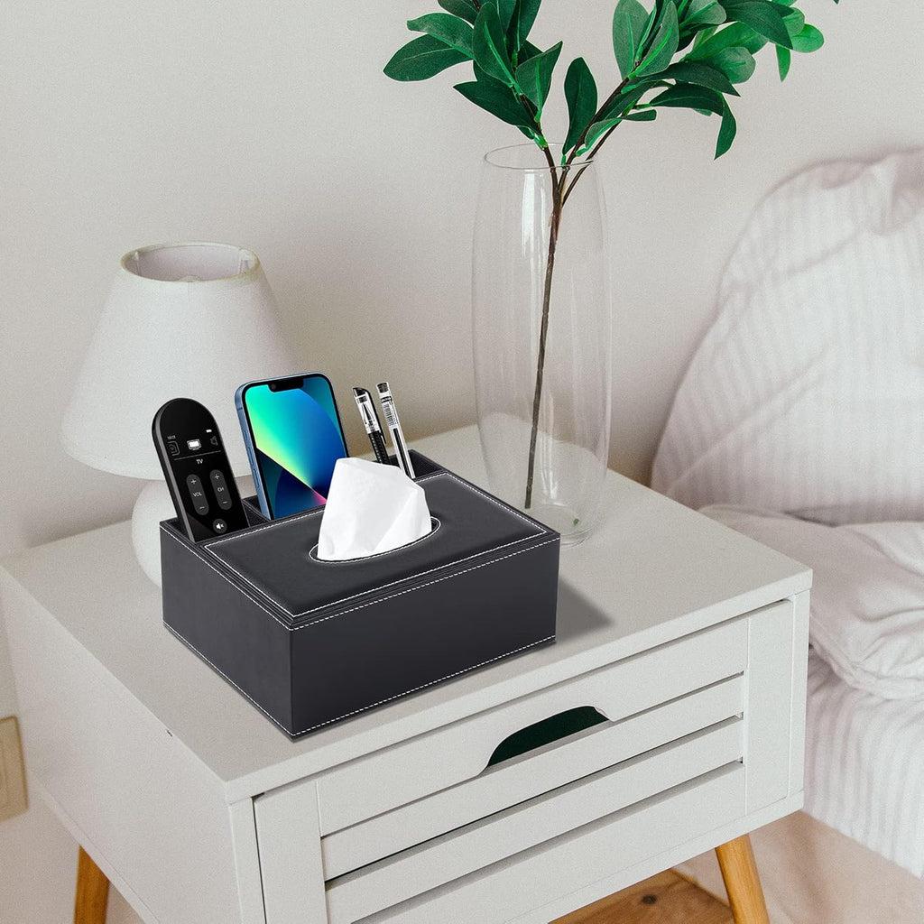 Multifunction PU Leather Tissue Box Cover Rectangular Upgrade Large Size Stationery Napkin Remote Control Holder Storage Box,Facial Tissue Dispenser Desk Organizer Caddy Home Office Supplies (Black)