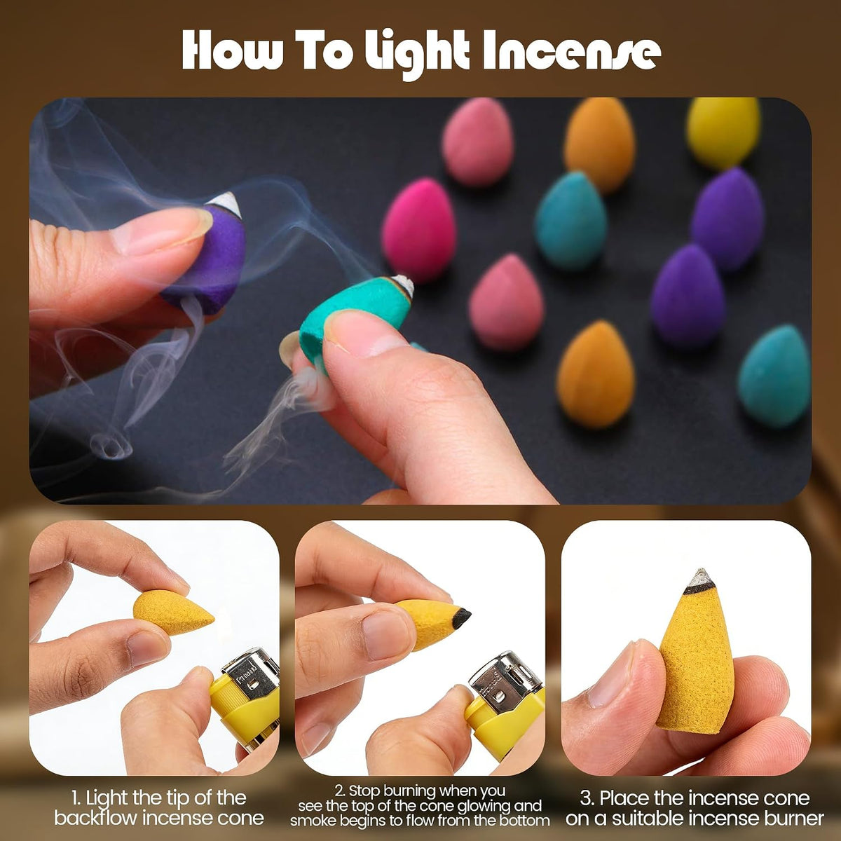 Aneco 180 Pieces Backflow Incense Cones 10 Mixed Natural Scents Rose Jasmine Lily Mint Lavender and More Kinds of Mixed Natural Backflow Incense Cones