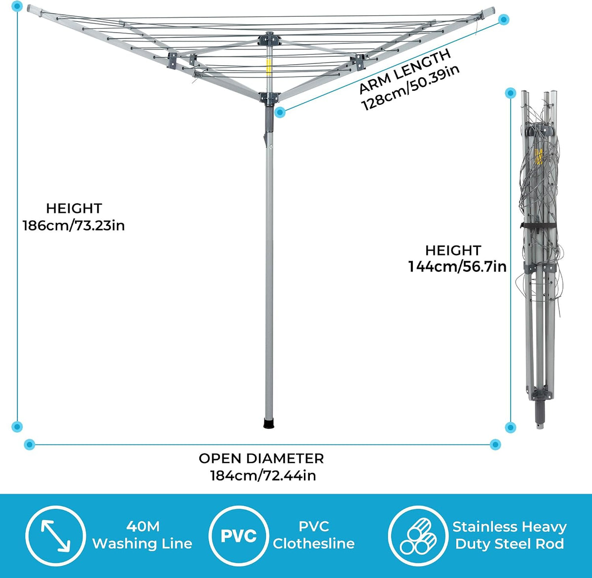 JS HANGER Collapsible 4-arm Rotary Outdoor Umbrella Drying Rack Metal Clothes Dryer Clothesline with 131ft Drying Space