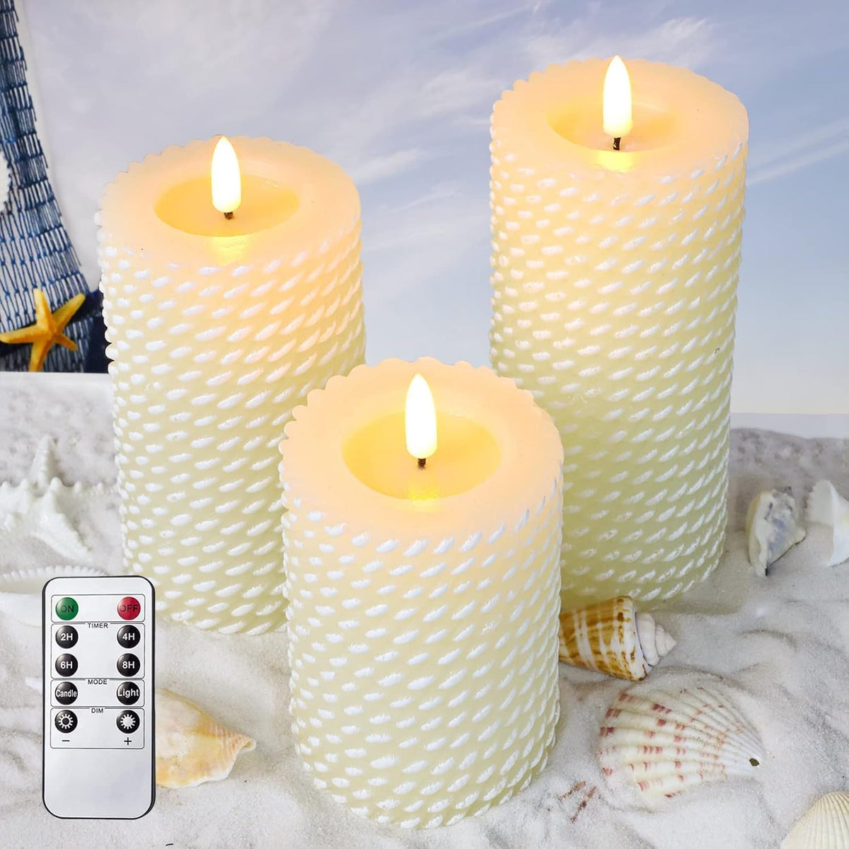 Crystal Club White Flameless Candles, Corded Pattern Carving Design