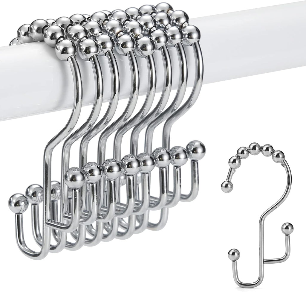 Shower Curtain Rings, SUTINE Shower Curtain Hooks, Stainless Steel Sliver Shower Curtain Hooks Rust Proof, Easy Sliding Double Shower Hooks for Shower Curtains & Liners, 12 Pcs (Chrome)