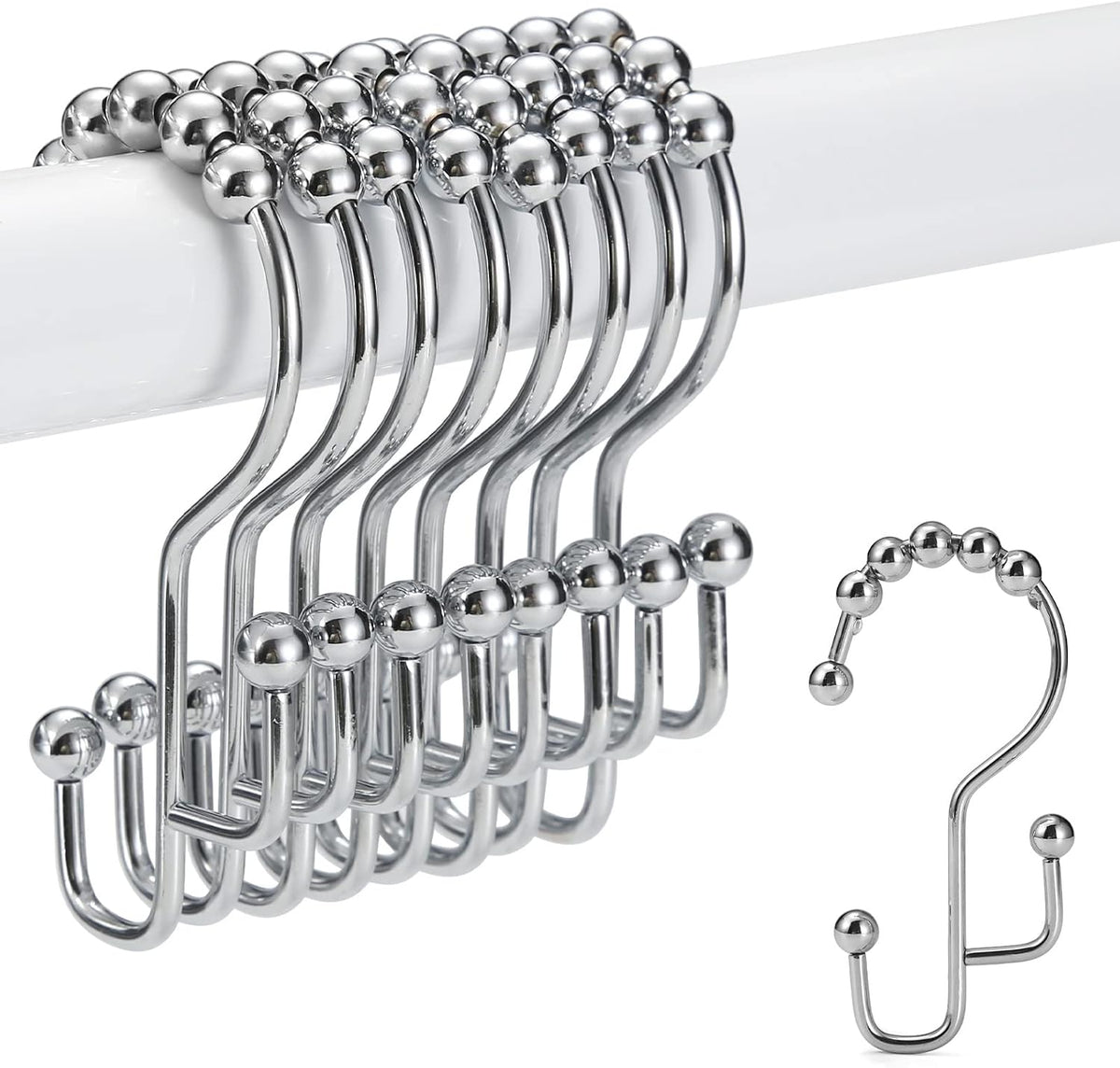 Shower Curtain Rings, SUTINE Shower Curtain Hooks, Stainless Steel Sliver Shower Curtain Hooks Rust Proof, Easy Sliding Double Shower Hooks for Shower Curtains & Liners, 12 Pcs (Chrome)