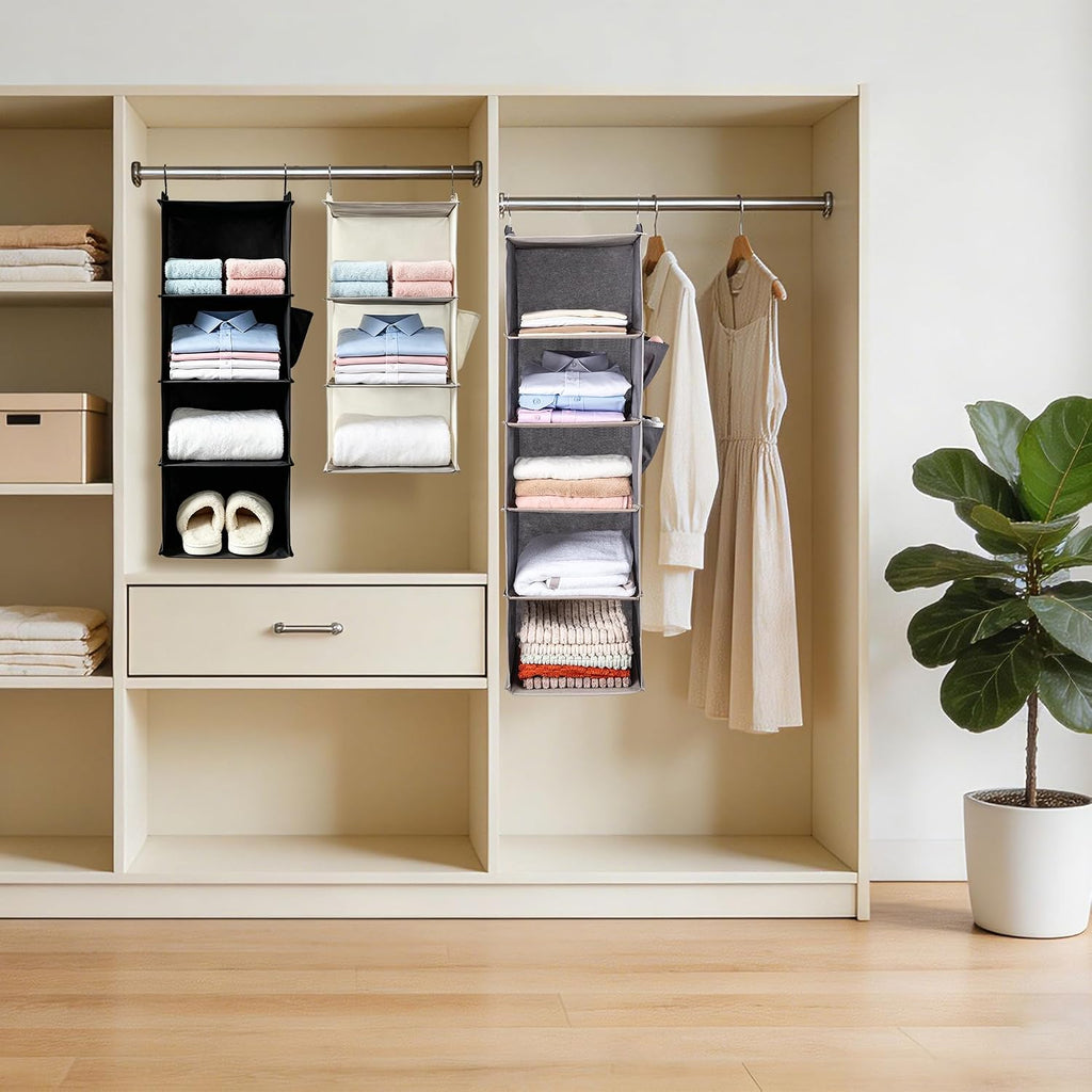 Hanging Closet Organizer and Shelves,4 Shelves with 1 Side Pockets (Beige)