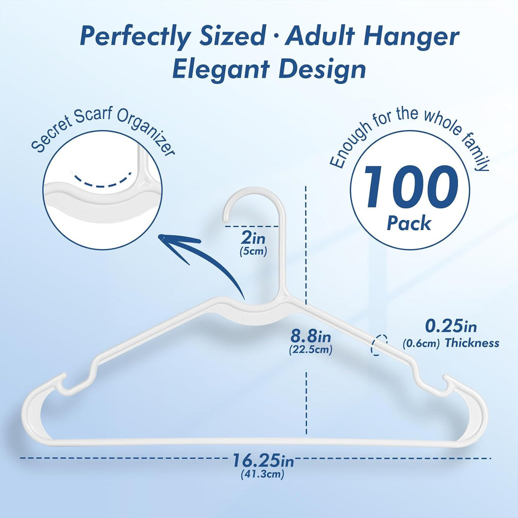 HOUSE DAY White Plastic Hangers 100 Pack, Slim with Non-Slip Extended Notch