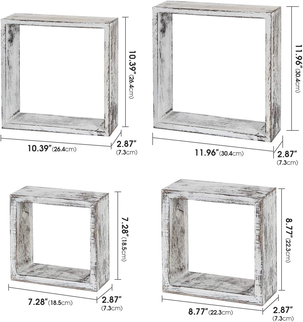 J JACKCUBE DESIGN Floating Hanging Square Shelves Wall Mounted Rustic Wood Cube Display Shelf Shadow Boxes Decorative Boho Home Décor for Living Room, Bedroom, Office, Set of 4 (White) - MK571C