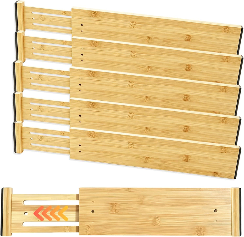 Joyeee Kitchen Drawer Dividers 6 Pack, 16.9-22.1" Adjustable Bamboo Drawer Organizer, 3.86" High Expandable Utensils Separators for Closet, Dresser, Bathroom, Bedroom, Office