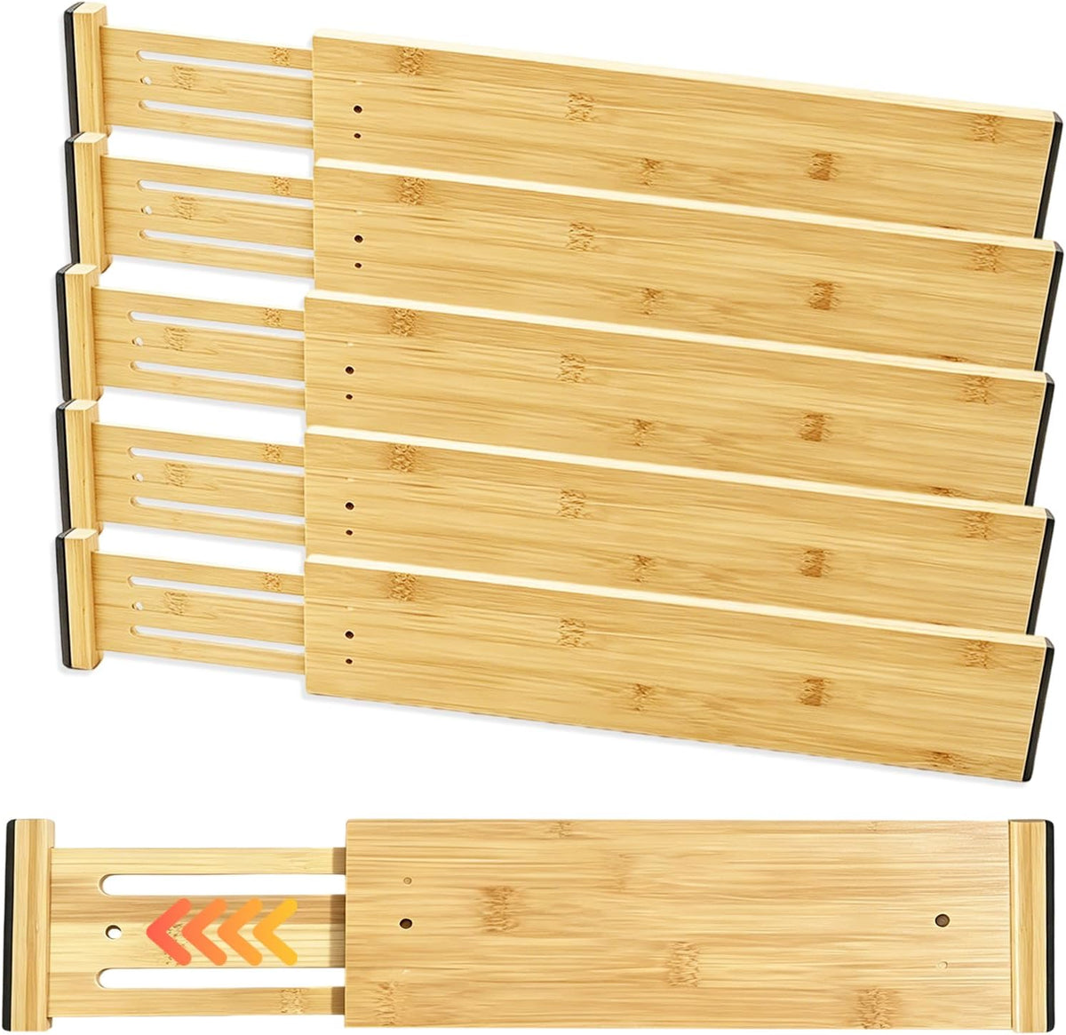 Joyeee Kitchen Drawer Dividers 6 Pack, 16.9-22.1" Adjustable Bamboo Drawer Organizer, 3.86" High Expandable Utensils Separators for Closet, Dresser, Bathroom, Bedroom, Office