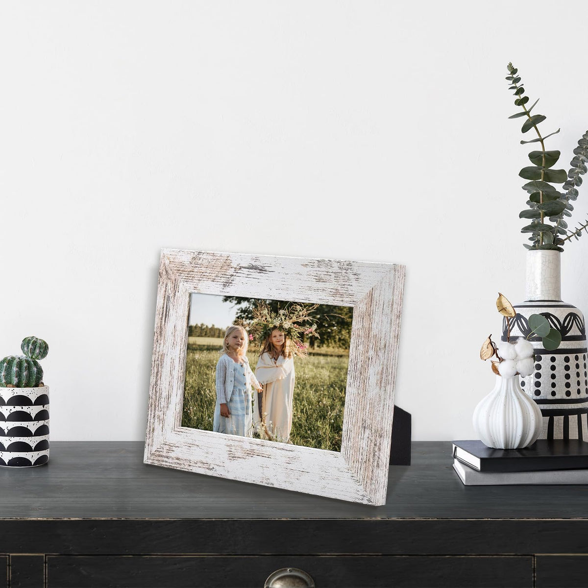 4 Pack 5x7 Picture Frames, Rustic White, Real Glass, Wall&Tabletop Display