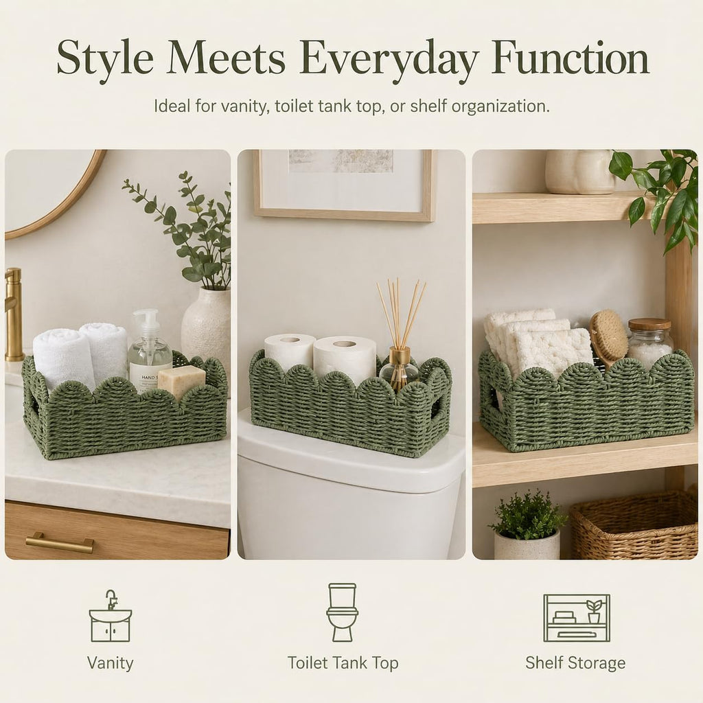Sage Green Scalloped Basket, Toilet Tank Tray, Back of Toilet