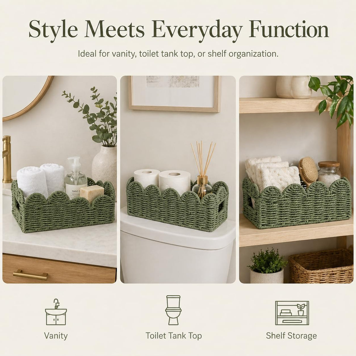Sage Green Scalloped Basket, Toilet Tank Tray, Back of Toilet