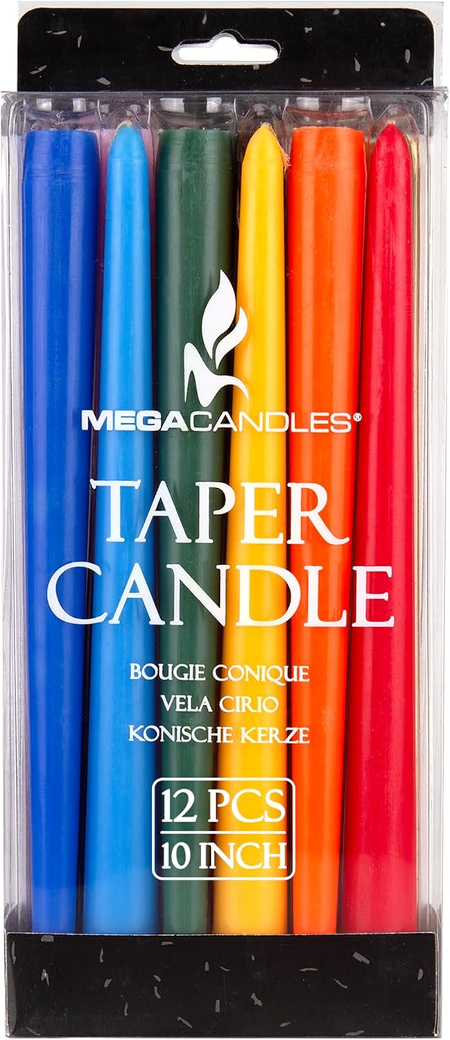 Mega Candles 12 pcs Unscented Supreme Assorted Colors Chime Taper Candles, Handcrafted Wax Candle 10 Inch x 7/8 Inch, Casting Chimes, Rituals, Spells, Vigils, Witchcraft, Wiccan, Meditation, Altar