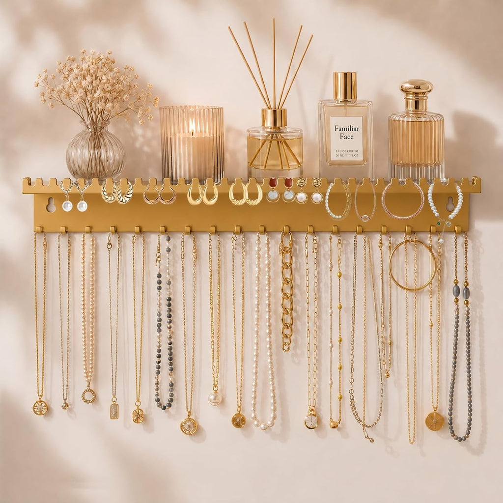 Wall Mounted Necklace Holder with Shelf, Wall Jewelry Organizer,Gold