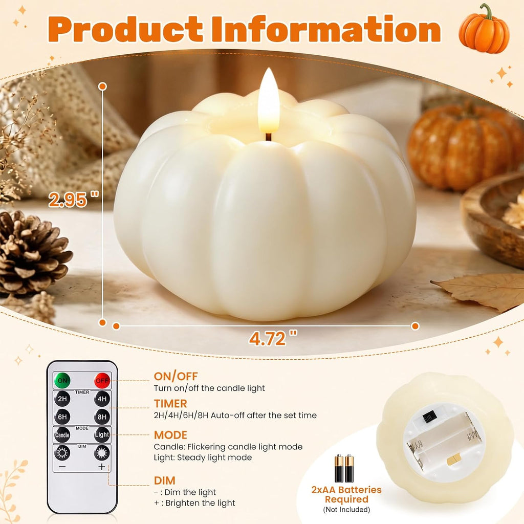Fall Decor, Fall Decorations for Home, Flameless Pumpkin Candle, White, 1Pc