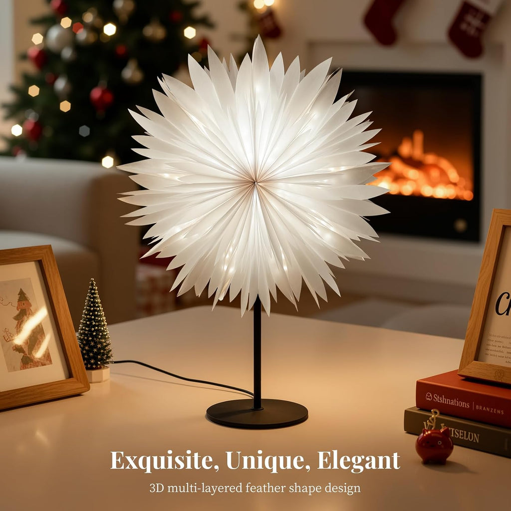 Lewondr 3D Christmas Paper Star Table Lamp, Translucent Feather, White