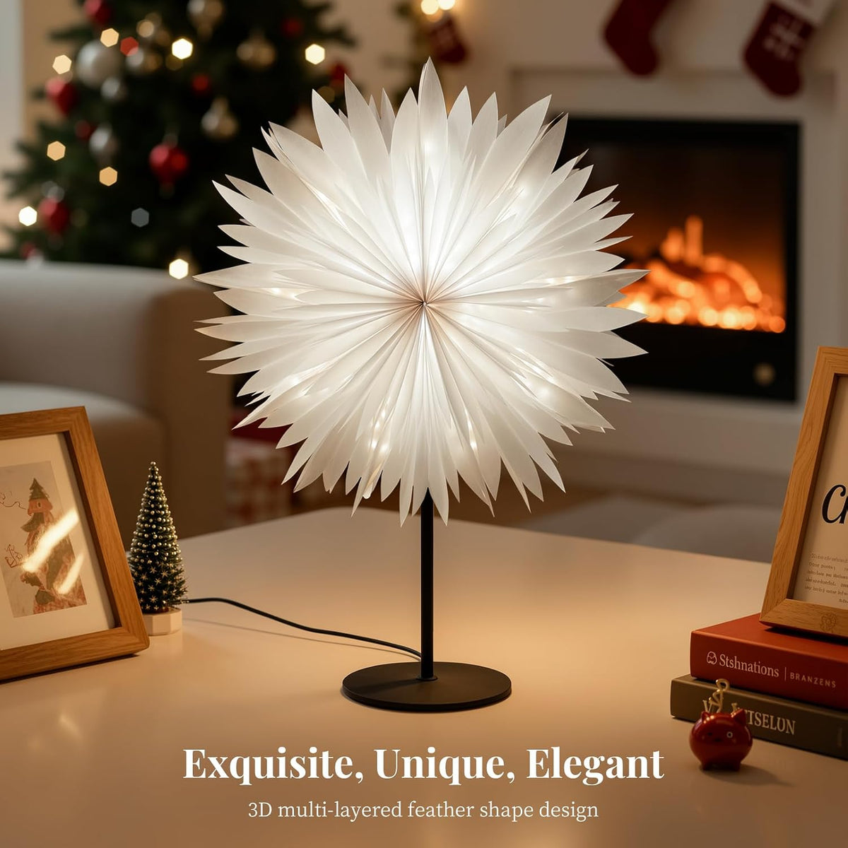 Lewondr 3D Christmas Paper Star Table Lamp, Translucent Feather, White