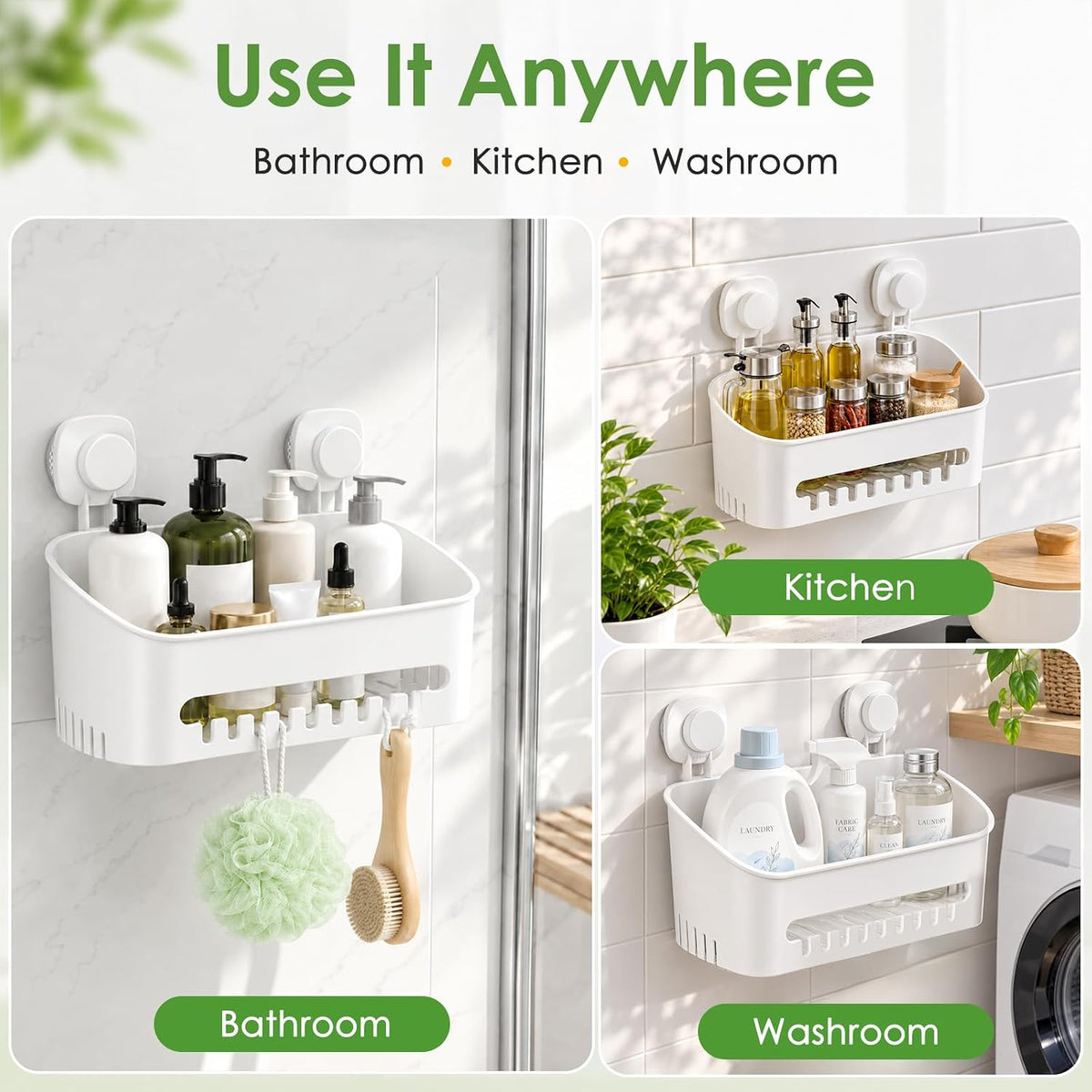 LUXEAR Suction Cup Shower Caddy, No Drilling Shower Caddy, White
