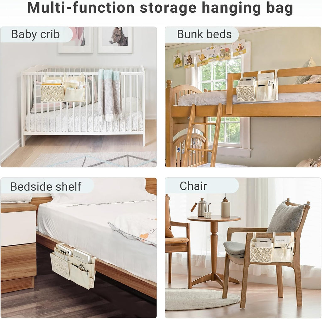 Mkono Bedside Caddy, Macrame Bunk Bed Hanging Organizer, 7 Pockets Ivory